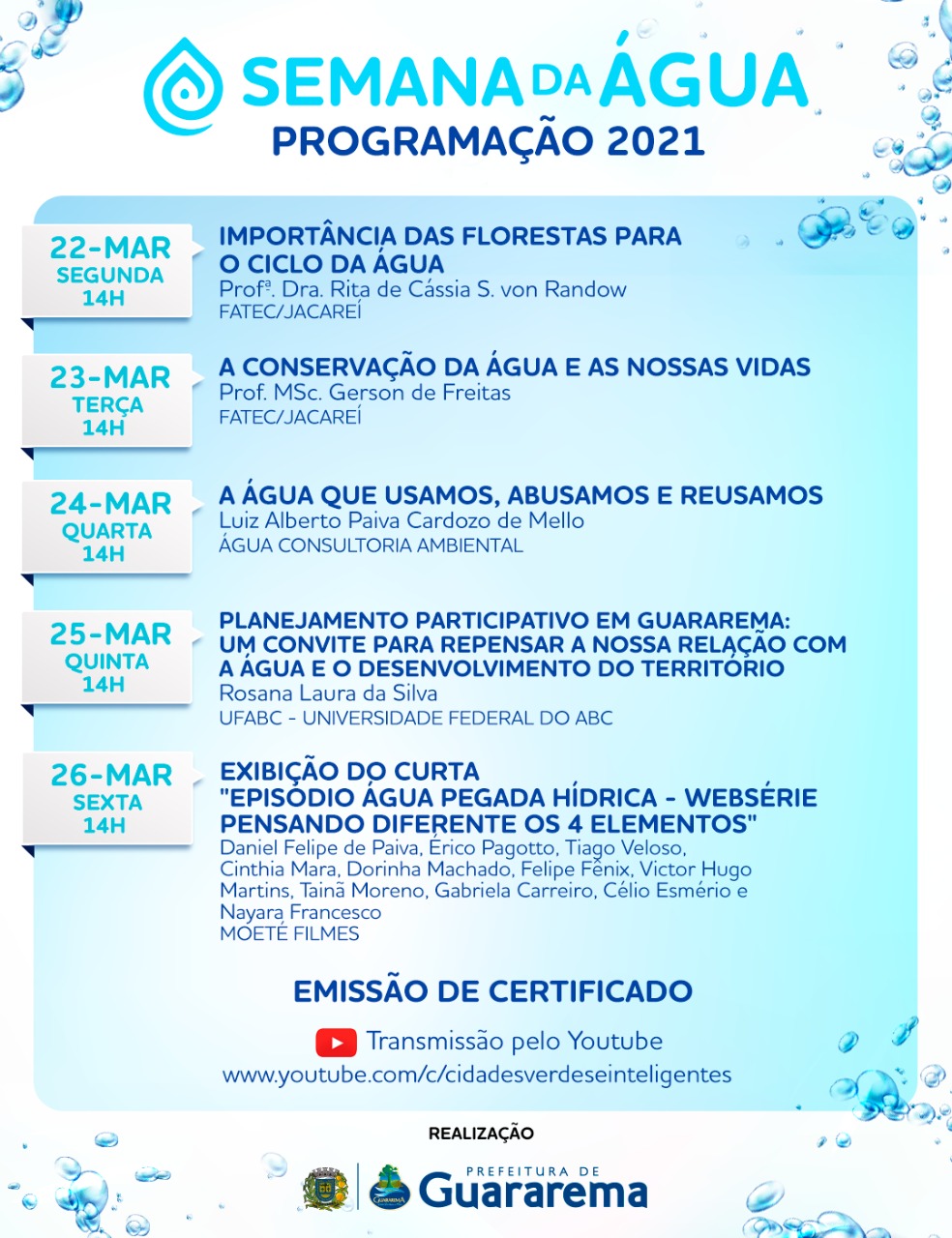 Guararema oferece palestras com certificado sobre a semana da água
