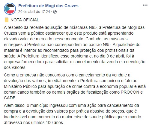 Nota Oficial publicado na página do Facebook da Prefeitura de Mogi das Cruzes